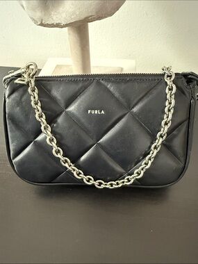 Furla Quilted Mini Black Leather Crossbody with Silver Chain